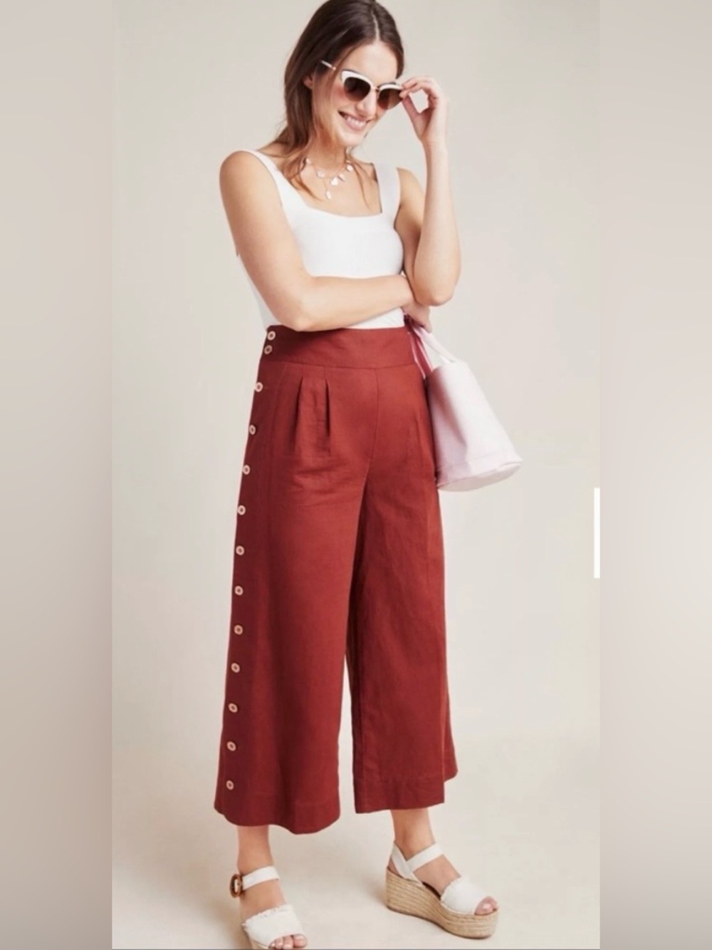 Anthropologie linen cotton blend wide leg pants rust brown size US 2 - Picture 1 of 10